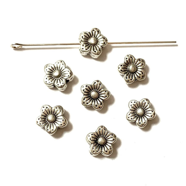 10 Flower Spacer Beads - Antique Silver - 8mm