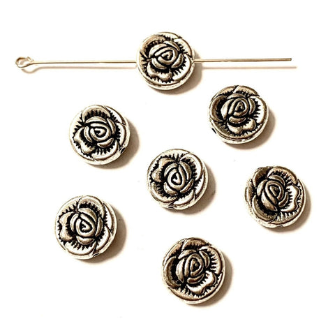 10 Rose Flower Spacer Beads - Antique Silver
