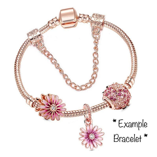 14k Rose Gold Plated Pink Daisy Flower Charm - Fits Pandora Charm Bracelets