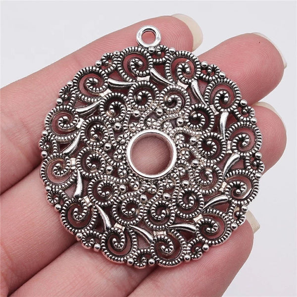 Lg Antique Silver Round Mandala Filigree Pendant