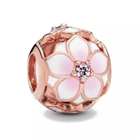 14k Rose Gold Plated - Openwork Pink Magnolia Flower Charm - Fits Pandora Charm Bracelets
