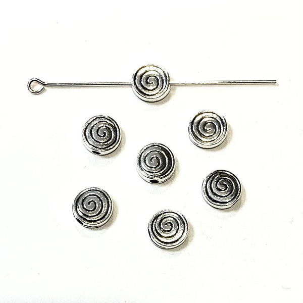 5 Spacer Beads - Swirl/Spiral Design - 8mm Flat Round Beads - Antique Silver