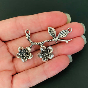 2 Flower Connector Charms - Antique Silver - Flowers on a Branch Connector