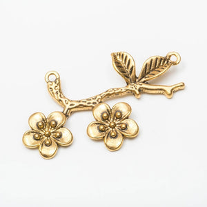 2 Flower Connector Charm - Antique Gold - Flowers on a Branch Connector