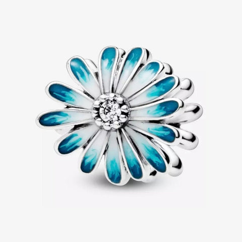 925 Sterling Silver - Blue Daisy Flower Charm - Fits Pandora Charm Bracelets