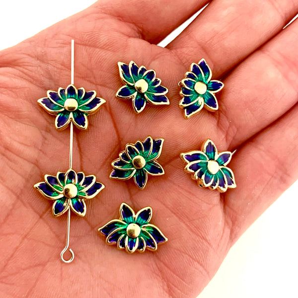 4 Lotus Flower Spacer Beads - 2 sided Cloisonne Beads with Blue and Green Enamel - Gold Finish