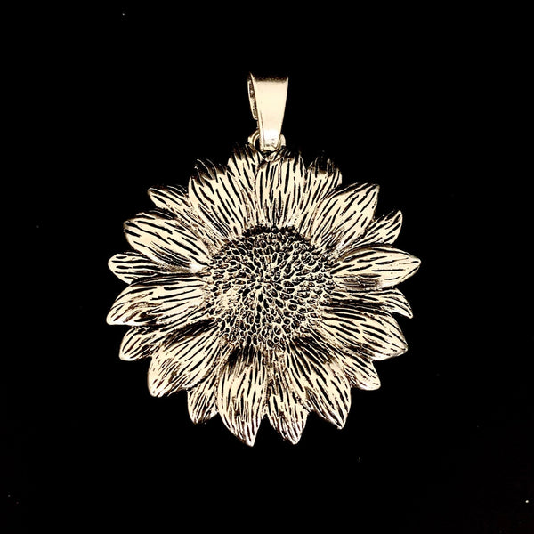 Large Sunflower Pendant - Antique Silver