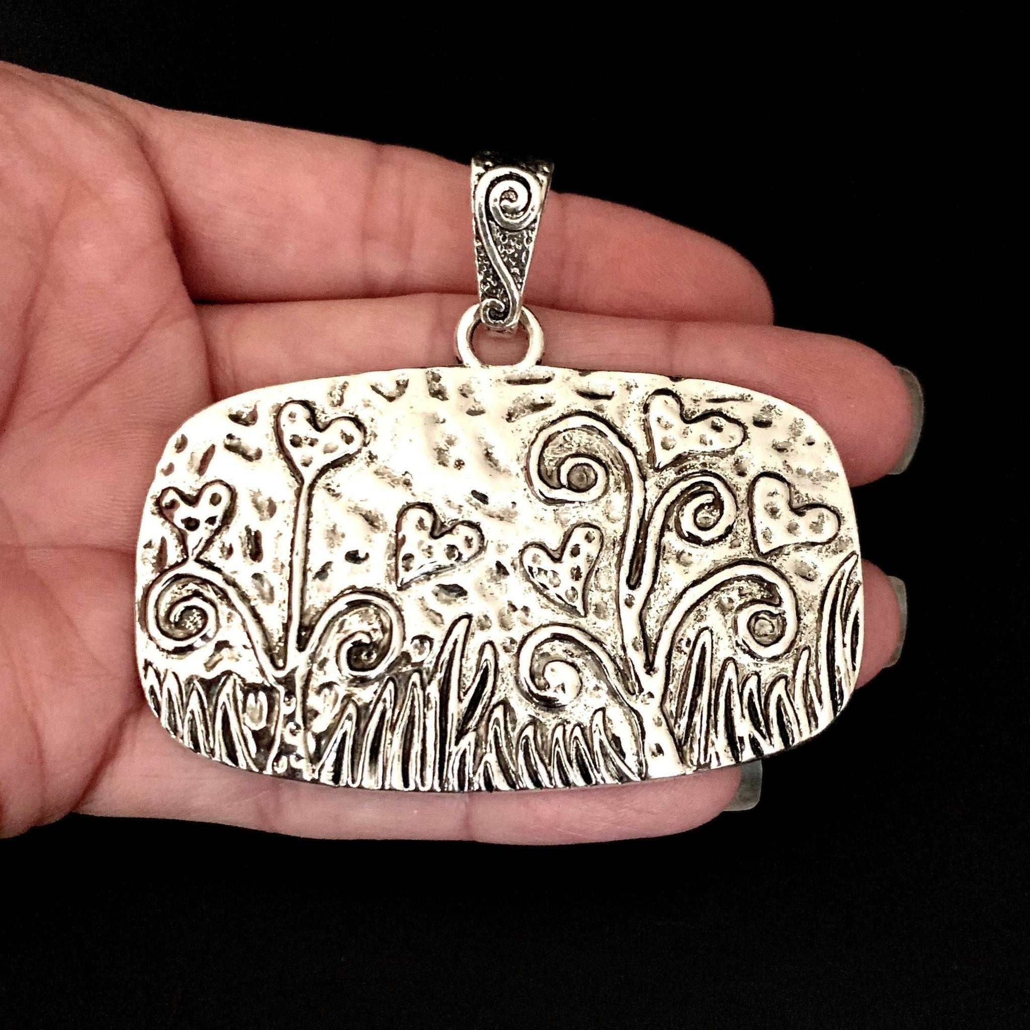 Hammered Flower/Heart Pendant - Nature Scene Pendant with Hearts - Antique Silver