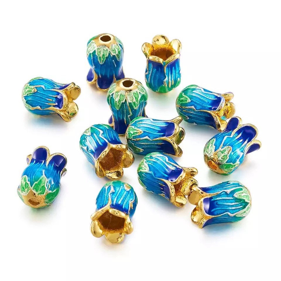 2 Cloisonne Bead Caps - Handmade - Beautiful Gold with Blue and Green Enamel - 14mm Flower Bead Caps