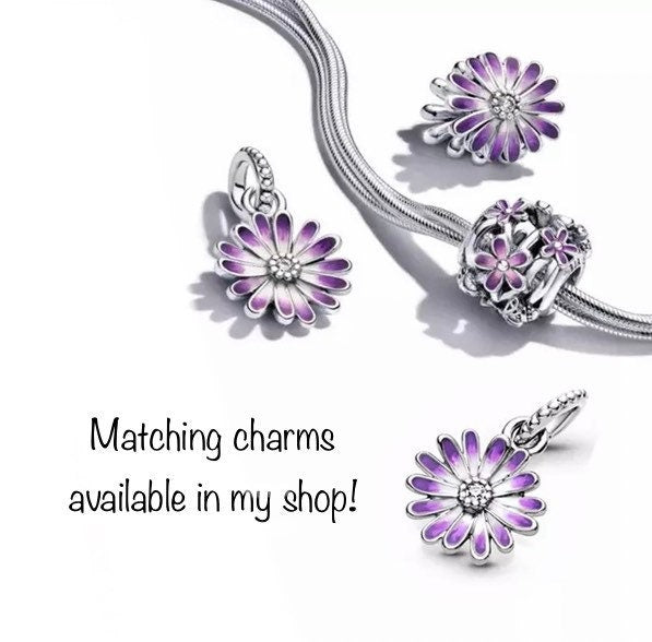 925 Sterling Silver - Openwork Purple Daisy Charm - Fits Pandora Charm Bracelets