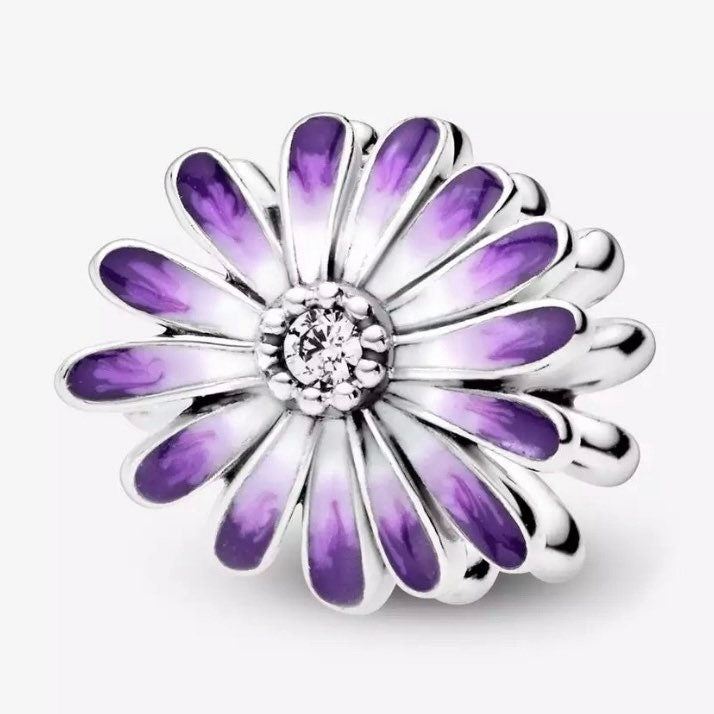 925 Sterling Silver - Purple Daisy Flower Charm - Fits Pandora Charm Bracelets