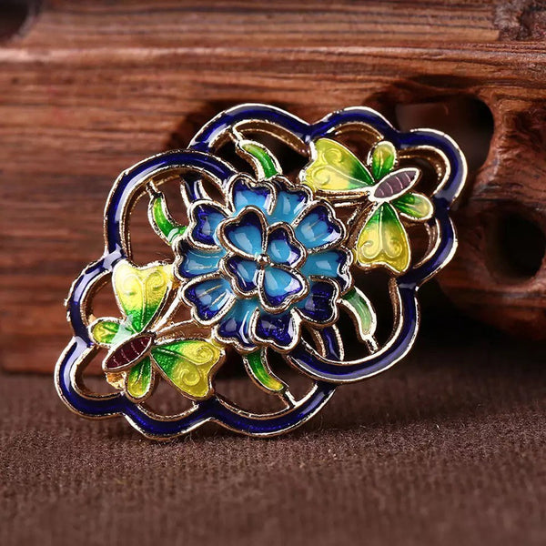 Cloisonne Flower Connector - Gold Finish - Blue, Green, and Yellow Enamel Flower and Butterflies - 31mm x 20mm