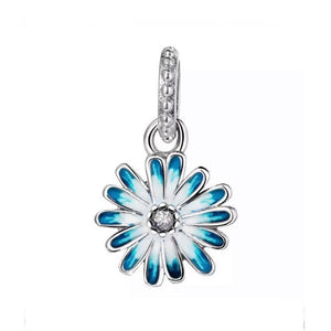 925 Sterling Silver - Blue Daisy Flower Dangle Charm - Fits Pandora Charm Bracelets
