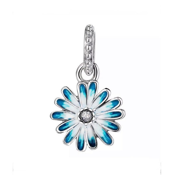 925 Sterling Silver - Blue Daisy Flower Dangle Charm - Fits Pandora Charm Bracelets