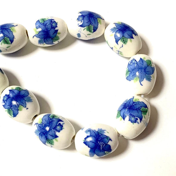 5 Oval Floral Ceramic Beads - 18x12mm