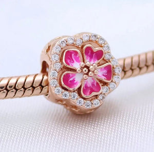 14k Rose Gold Plated - Pink Sparkling Peach Blossom Flower Charm - Fits Pandora Charm Bracelets