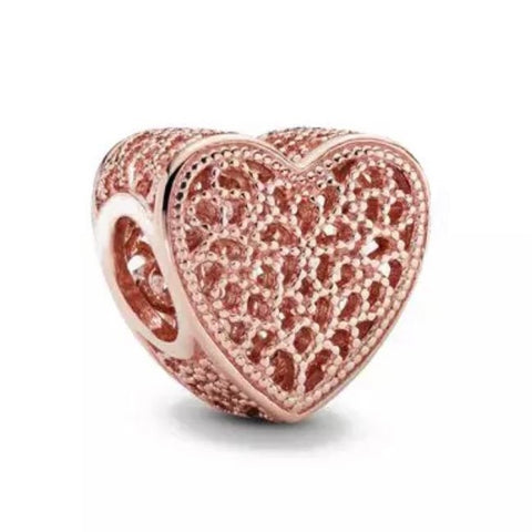 14k Rose Gold Plated Filigree and Beaded Heart Charm - Fits Pandora Charm Bracelets