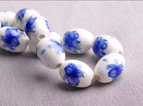 5 Oval Floral Ceramic Beads - 18x12mm