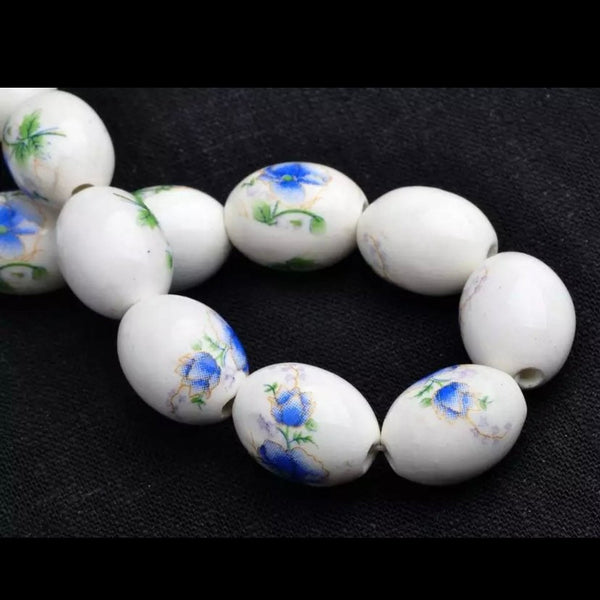 4 Oval Floral Ceramic Beads - 15x11mm