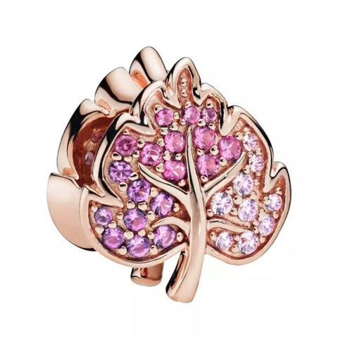 Sparkling Pavé Leaf Charm - 14k Rose Gold Plated - Fits Pandora Charm Bracelets