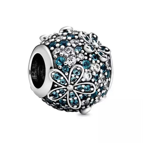 925 Sterling Silver -  Teal Blue Pavé Daisy Flower Charm- Fits Pandora Charm Bracelets