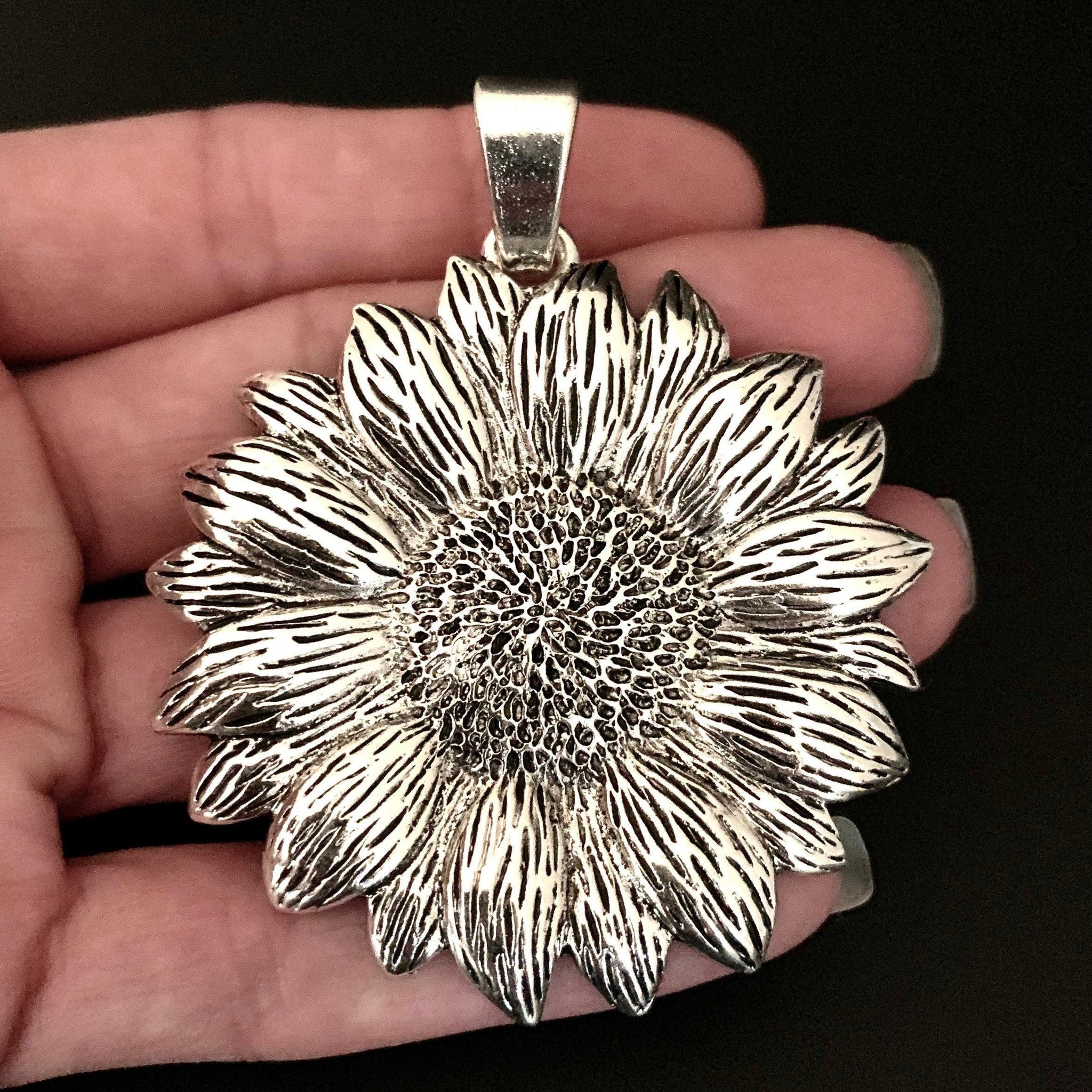Large Sunflower Pendant - Antique Silver