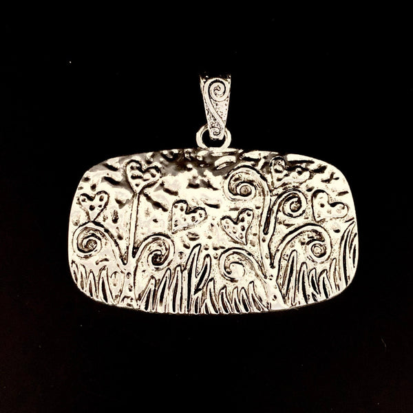 Hammered Flower/Heart Pendant - Nature Scene Pendant with Hearts - Antique Silver