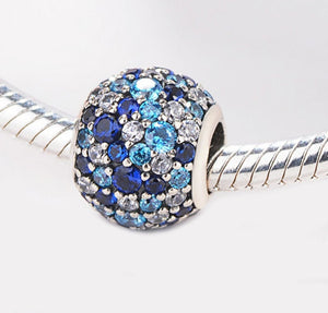 925 Sterling Silver - Blue and Clear CZ Pavé Ball Charm - Fits Pandora Charm Bracelets