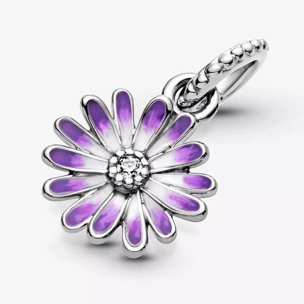 925 Sterling Silver - Purple Daisy Flower Dangle Charm - Fits Pandora Charm Bracelets