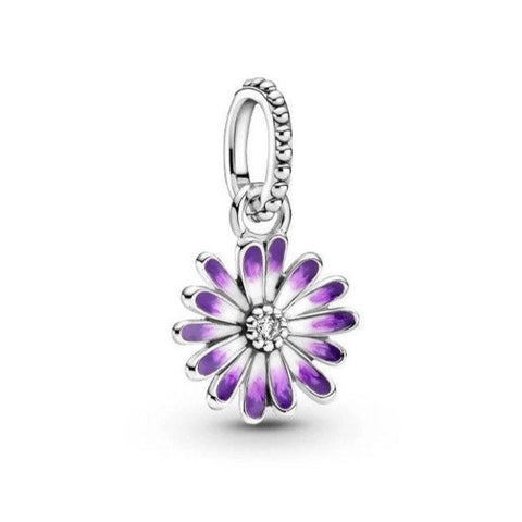 925 Sterling Silver - Purple Daisy Flower Dangle Charm - Fits Pandora Charm Bracelets