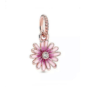Pink Daisy Flower Dangle Charm - 14k Rose Gold Plated - Fits Pandora Charm Bracelets