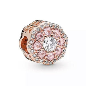 Pink Sparkle Flower Charm - 14k Rose Gold Plated w/ CZ Crystals - Fits Pandora Charm Bracelets