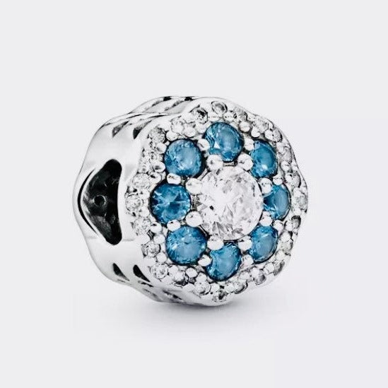925 Sterling Silver - Blue Sparkle Flower Charm w/ CZ Crystals - Fits Pandora Charm Bracelets