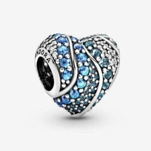 925 Sterling Silver - Blue Water Heart Charm - Fits Pandora Charm Bracelets
