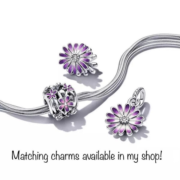 925 Sterling Silver - Openwork Purple Daisy Charm - Fits Pandora Charm Bracelets