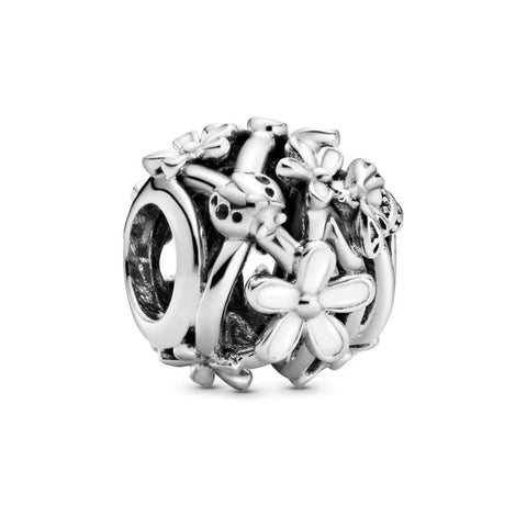 925 Sterling Silver - Openwork White Daisy Flower Charm - Fits Pandora Charm Bracelets