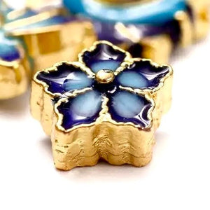 2 Cloisonne Flower Beads - Double Sided Spacer Beads - Dark and Light Blue Enamel - Gold Finish