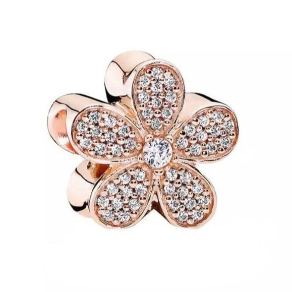Rose Gold Dazzling Daisy Charm - 14k Rose Gold Plated w/ CZ Crystals - Fits Pandora Charm Bracelets