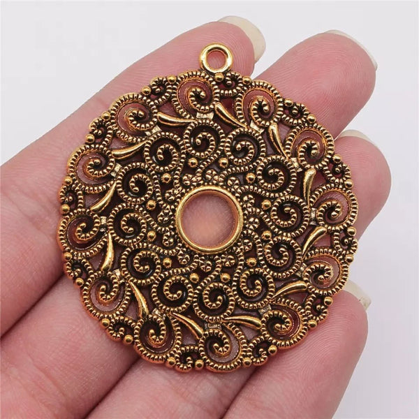 Lg Antique Gold Round Mandala Filigree Pendant