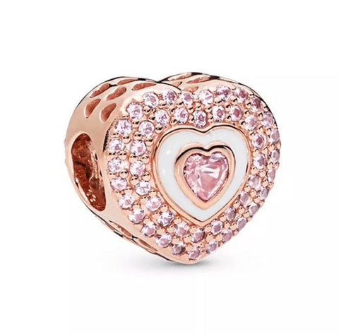 Pink Pavé Heart Charm - 14k Rose Gold Plated Heart Charm - Fits Pandora Charm Bracelets