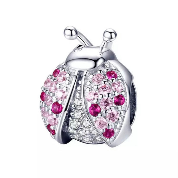 925 Sterling Silver - Ladybug Charm With Pink CZ Crystals - Fits Pandora Charm Bracelets