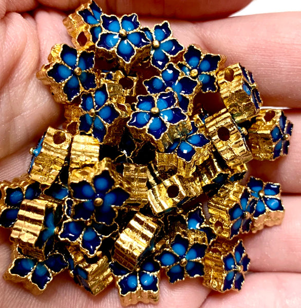 2 Cloisonne Flower Beads - Double Sided Spacer Beads - Dark and Light Blue Enamel - Gold Finish