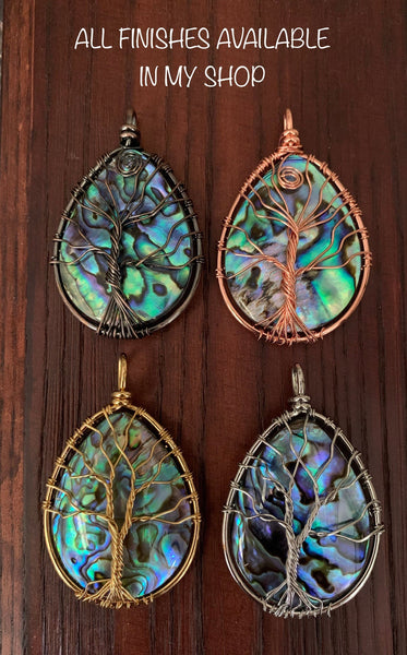 Handmade Abalone Shell Pendant - Silver Wire Wrapped Tree of Life Pendant