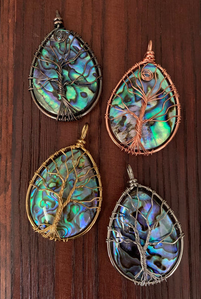 Handmade Abalone Shell Pendant - Rose Gold Wire Wrapped Tree of Life Pendant