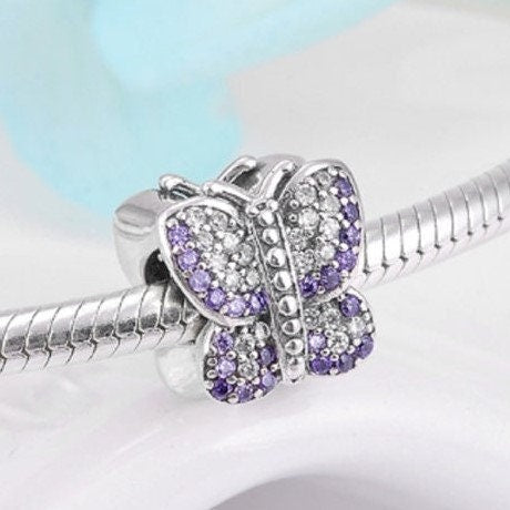 925 Sterling Silver - Sparkling Butterfly Charm - Purple and Clear CZ - Fits Pandora Charm Bracelets