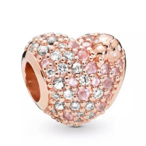 14k Rose Gold Plated - Gleaming Ladybird Heart Charm- Fits Pandora Charm Bracelets