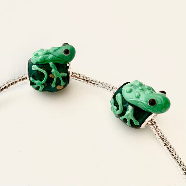 Frog Lampwork Beads - Sterling Silver/Glass Beads - Large Hole Beads - Pandora Style Glass Beads