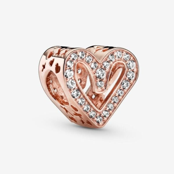 Sparkling Freehand Heart Charm - 14k Rose Gold Plated Heart Charm - Fits Pandora Charm Bracelets