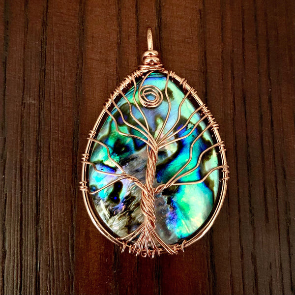 Handmade Abalone Shell Pendant - Rose Gold Wire Wrapped Tree of Life Pendant