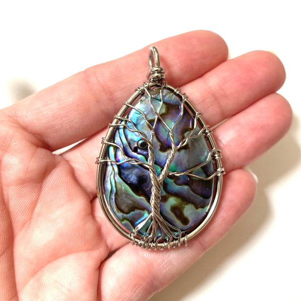 Handmade Abalone Shell Pendant - Silver Wire Wrapped Tree of Life Pendant